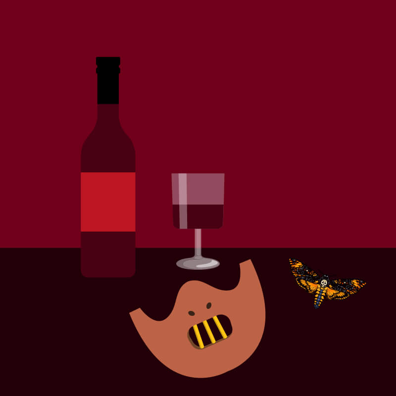 Bottle of red wine beside half empty glass, moth and half face mask