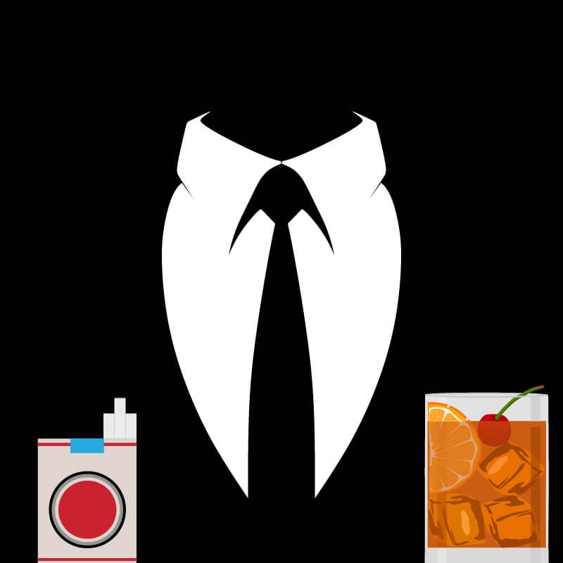 Silhouette of a shirt front and black tie with Lucky Strike cigarettes and a short cocktail in the foreground