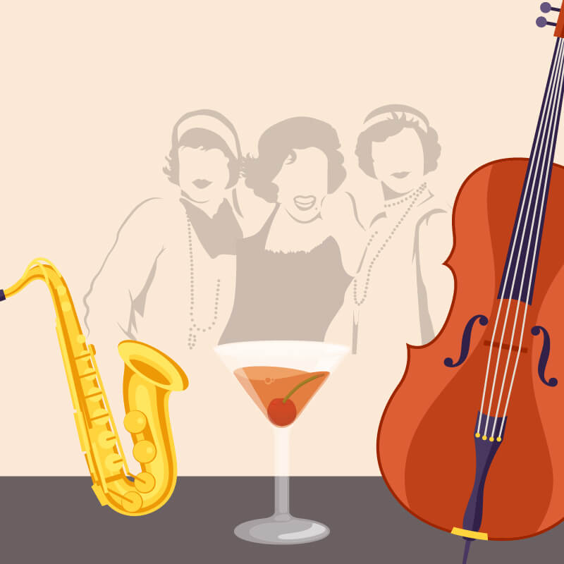 Silhouette of three 50s style glamorous people, a cocktail, a double bass and a saxophone