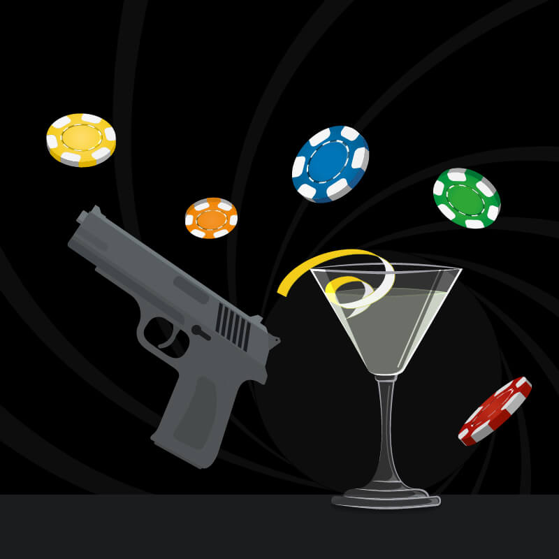 A black background featuring poker chips, a cocktail and a handgun