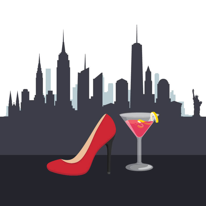 Single red stiletto high heeled shoe and pink cocktail in front of New York city skyline