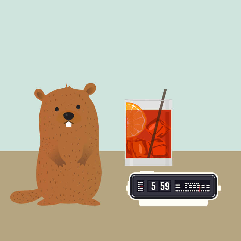 An alarm clock stuck on 5:59, a short red or orange cocktail and a four legged mammal