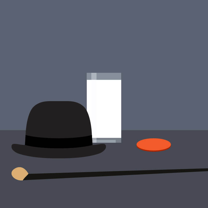 A tall white cocktail surrounded by an orange circle, walking cane and a black bowler hat