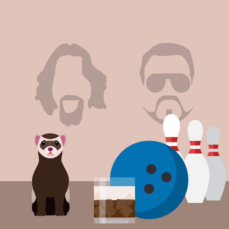 Silhouette of men with goatee's in the background with bowling pins and ball, cocktail and ferret in the foreground