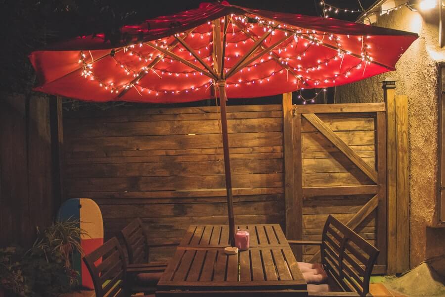 garden parasol with fairy lights