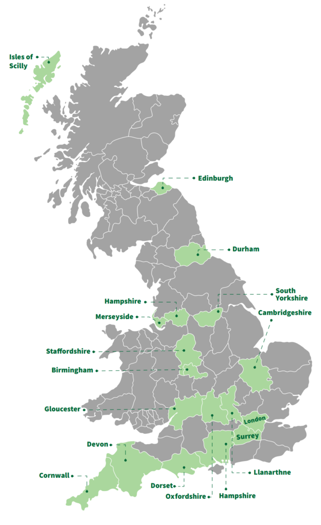 Map of UK botanical gardens